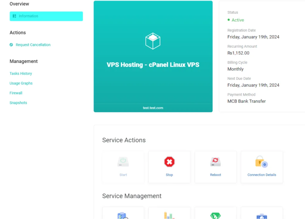 Teal Host VPS control panel screenshot
